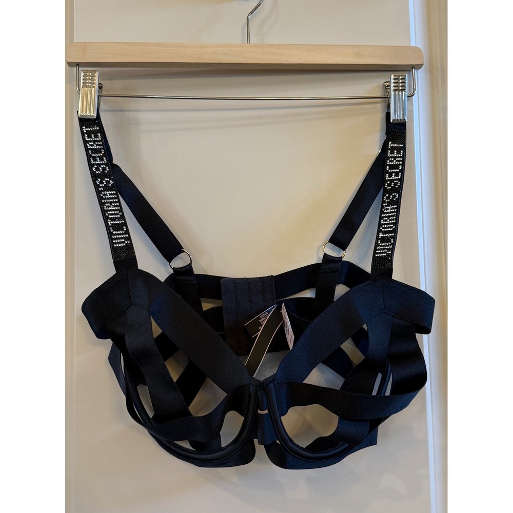 Victorias Secret NWT Very Sexy Black Strappy Rhinestone Balconette Bra 36DDD